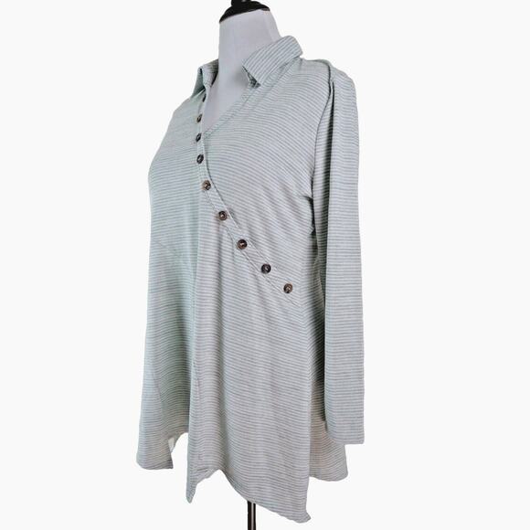 Soft Surroundings Size L Tamara Stripe Tunic Button Green White - Picture 1 of 10